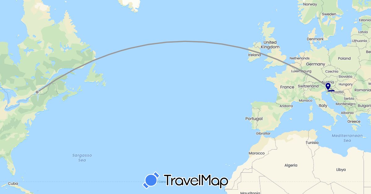 TravelMap itinerary: driving, plane in Canada, Croatia, Slovenia (Europe, North America)